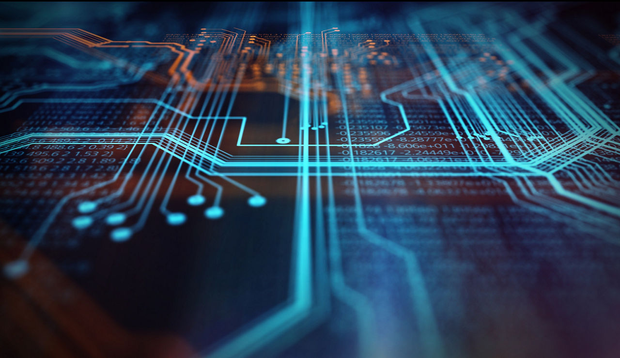 Orange and blue technology background circuit board and code. 3d Illustration