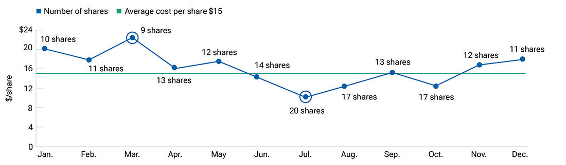 Line graph of a hypothetical example of investing a constant dollar amount over the course of a year and the number of shares purchased at lower and higher price points.