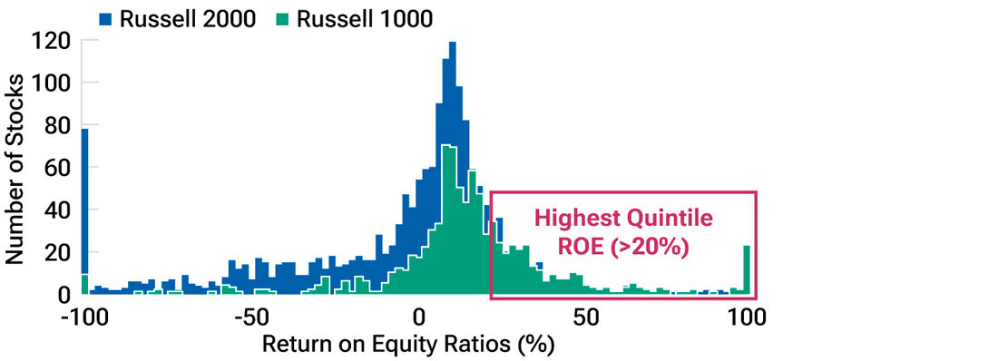 This histogram depicts the distribution of return-on-equity ratios of Russell 2000 and Russell 1000 constituents, excluding real estate.