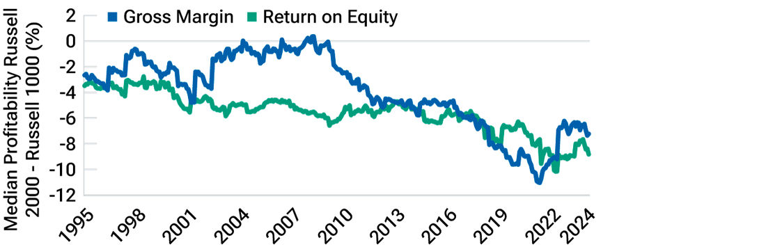 Two-line graph showing that small-caps’ gross margins and return on equity have been declining relative to those of largecaps from 1995 through the end of March 2024.