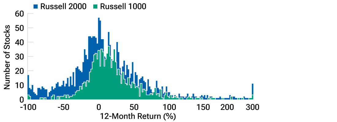 This histogram, which depicts the distribution of 2023 calendar year returns of Russell 2000 and Russell 1000 constituents ranging from -100% to +300%, shows that certain small-cap Russell 2000 stocks outperformed, even though large-caps generally outperformed small-caps.