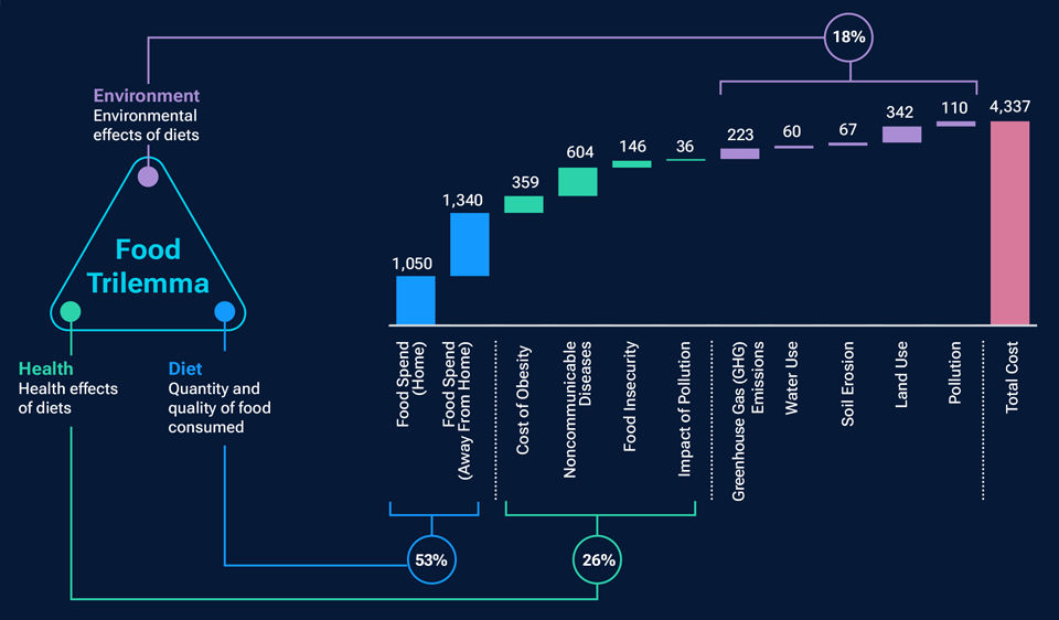 An infographic featuring a triangular diagram to illustrate the three key elements of the food trilemma, with an accompanying chart showing the total costs of the U.S. food system in relation to the food trilemma. 