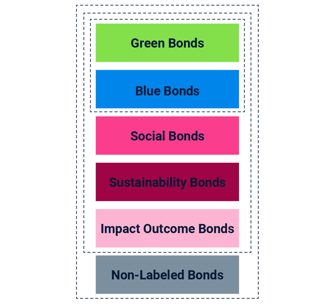 This graphic illustrates the different types of impact credit, using colored text boxes. 