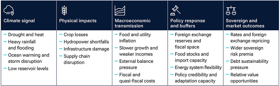 Five-stage flow diagram shows how climate shocks can transmit through economies to sovereign market outcomes.
