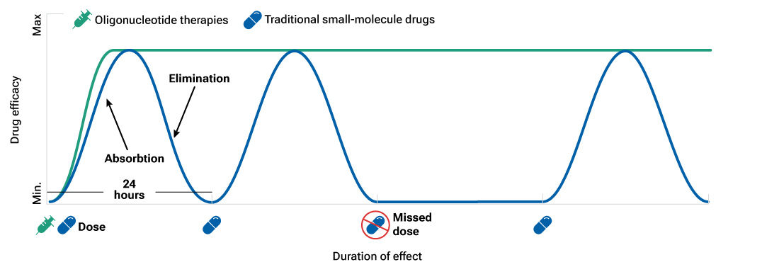 This line graph illustrates oligonucleotide therapies’ longer duration and consistency of action relative to traditional small-molecule drugs.