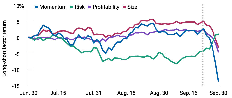 This horizontal line graph shows the long-short performance of four factors—momentum, risk, profitability, and size—in the emerging markets universe during the third quarter. In late September, following the Chinese stimulus package announcement, the risk factor climbed, while the other three factors declined sharply.