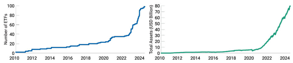 Growth in option-selling ETFs  Line charts showing the significant growth in call-overwriting ETFs in recent years—both in number and total assets—leading to a lower level of VIX pricing.