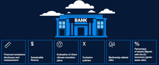 A graphic with icons showing different factors that are key to assessing a bank’s climate strategy.
