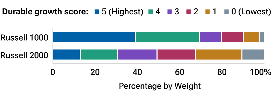 This bar graph shows that the large-cap Russell 1000 Index contains a significantly higher proportion of companies that our model classifies as durable growers.