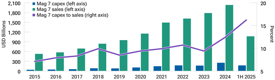This bar chart shows that the Magnificent Seven’s capex-to-sales ratios have doubled in a decade.