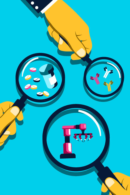 Illustration of hands holding magnifying glasses to various health care related objects.