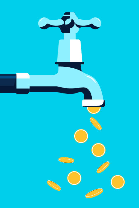 Illustration of a faucet pouring out gold coins.