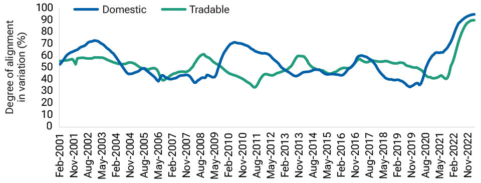 Domestic and tradable goods price inflation for the same countries became far more highly synchronized after 2020.