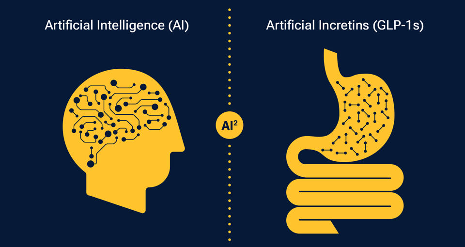 A graphic that reflects the two seismic developments of artificial intelligence and artificial incretins. On one side of the graphic, artificial intelligence is represented by a head with digital thoughts.