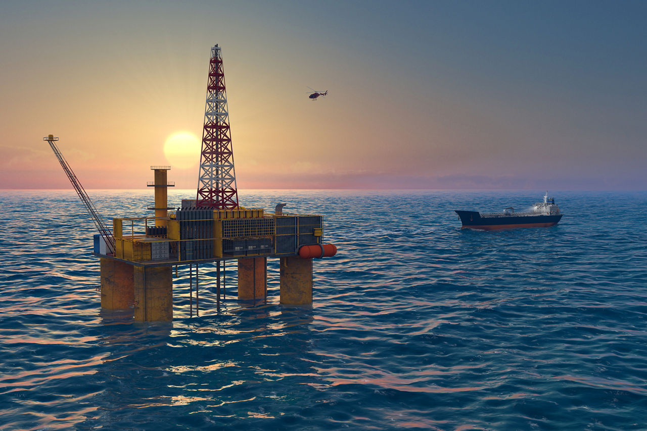 Oil platform and tanker in the sea, extraction of fuel resources; Oil drilling platform in the ocean, sun setting (or rising) in the background