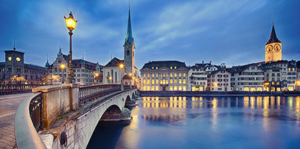view on Fraumunster Church and Church of St. Peter at night, Zurich, Switzerland